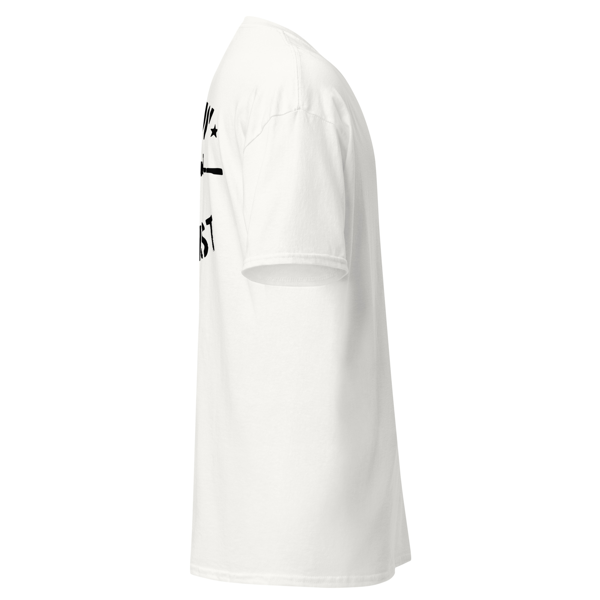 Side view of a white graphic t-shirt.