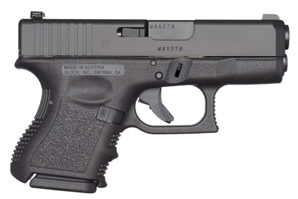 Black Glock handgun on a white background.