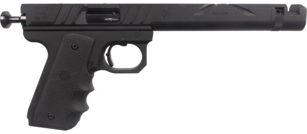 Black semi-automatic pistol on white background.