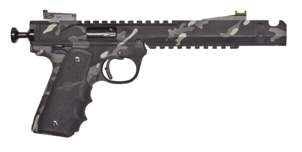 Side view of a camouflaged pistol.