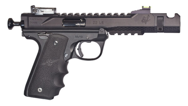 Black .22 caliber pistol with tactical features.