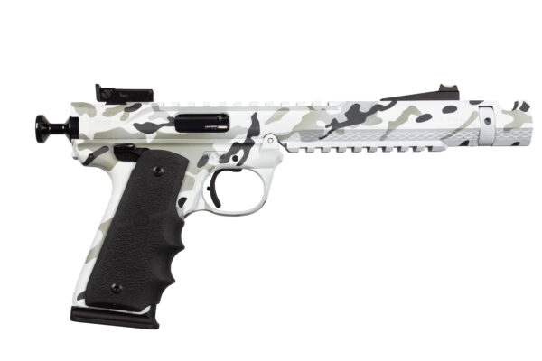 White camouflaged handgun on a white background.