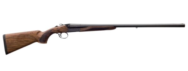 Side view of a classic double-barreled shotgun.
