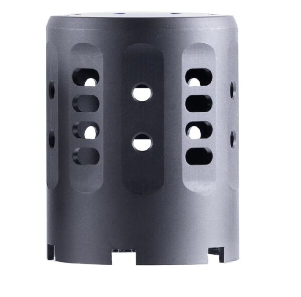 Black cylindrical object with holes and cutouts.