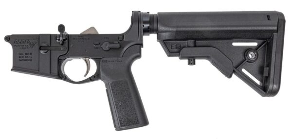 Close-up of a firearm lower receiver and stock.