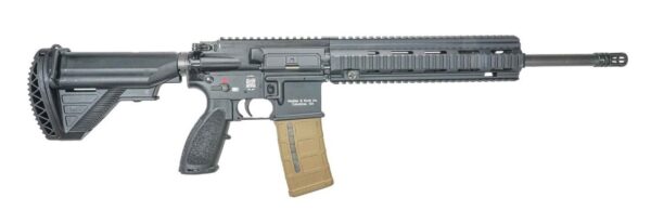 Black semi-automatic rifle with tactical features.
