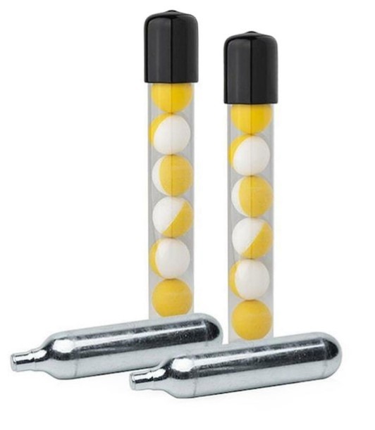 Two test tubes with colored balls and CO2 cartridges.