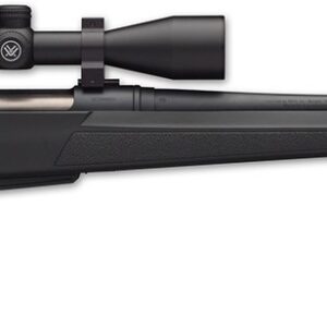 Side view of a black rifle with scope.