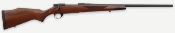 Side view of a wooden rifle with long barrel.
