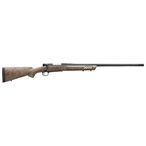 Side view of a hunting rifle with camouflage stock.