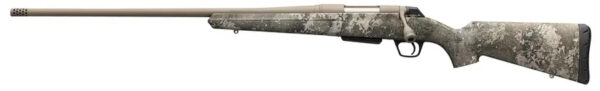 Camouflaged rifle with long barrel design.