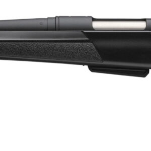 Side view of a black bolt-action rifle