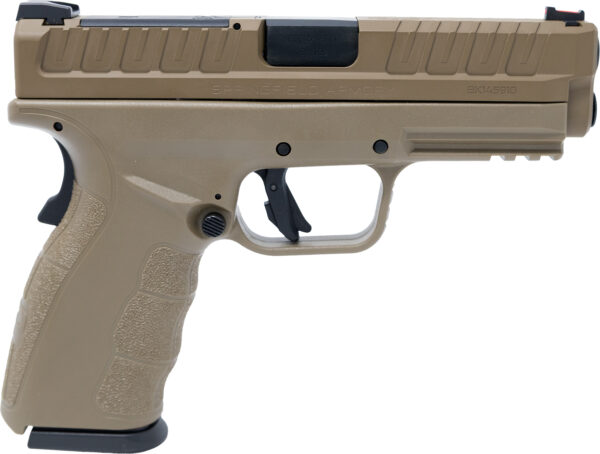 Side view of a tan semi-automatic pistol.