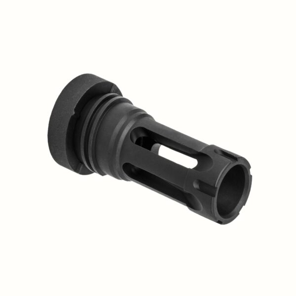 Black muzzle brake for firearms with ventilation holes.