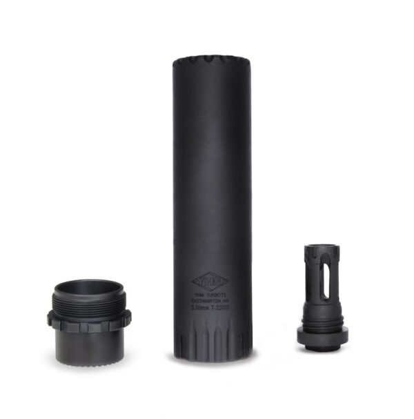 Black firearm suppressor and accessories displayed together.