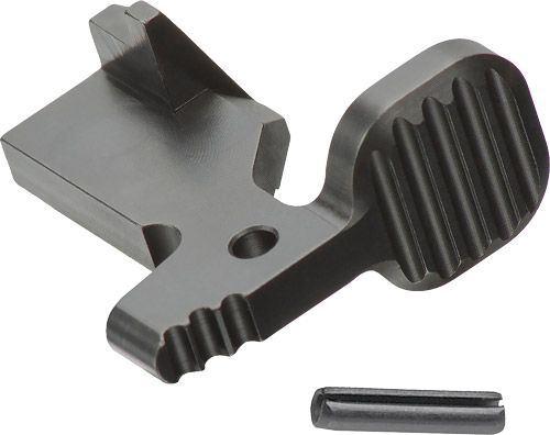 Metal firearm accessory component with textured grip.