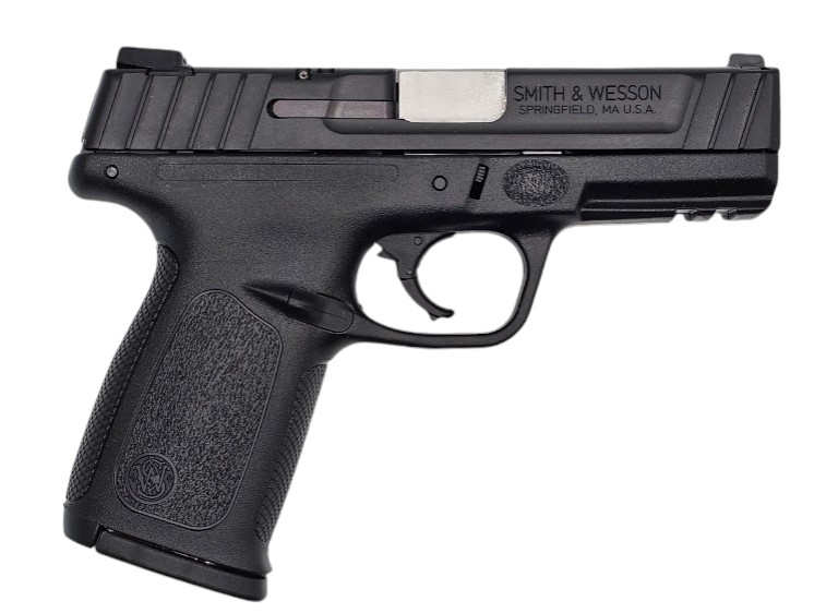 Black semi-automatic handgun on white background