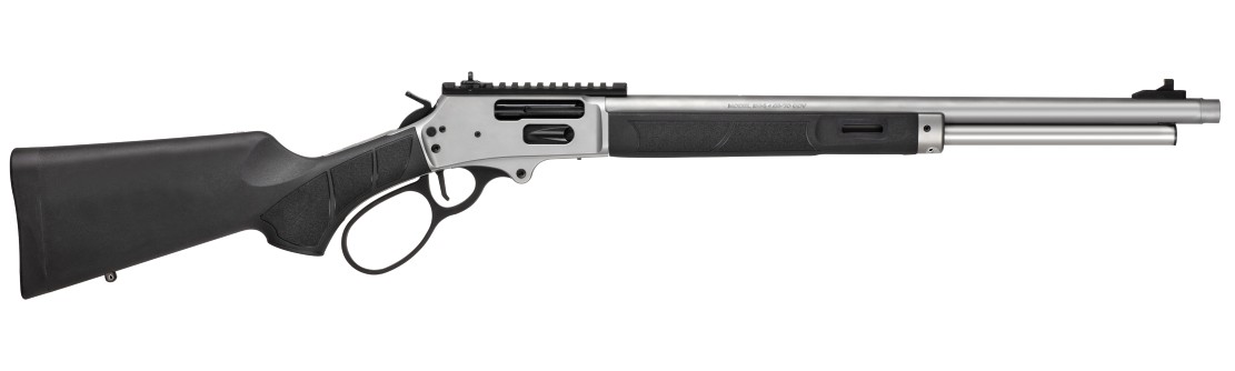 Silver lever-action rifle with black stock.