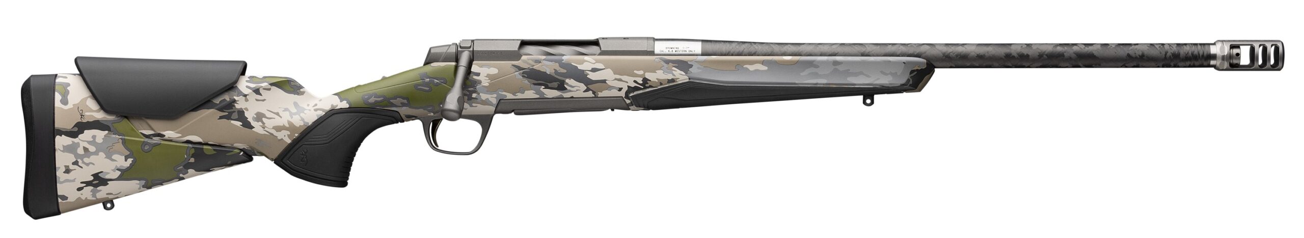 Camouflaged hunting rifle on a white background