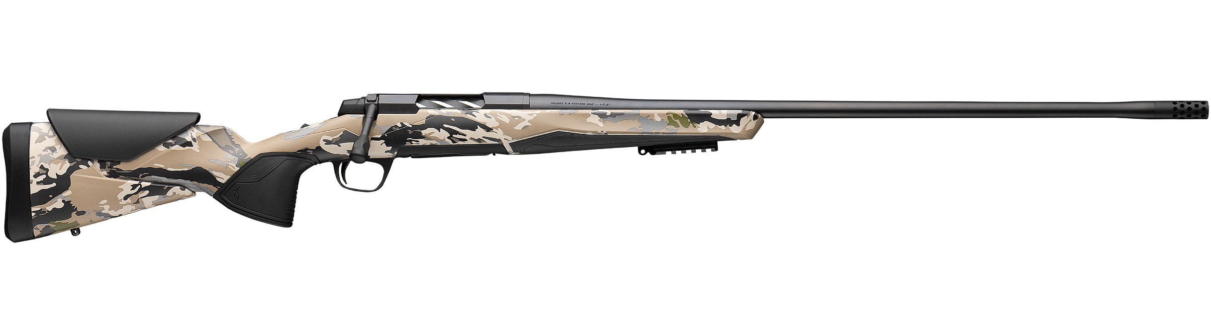 Camouflaged hunting rifle with a sleek design.