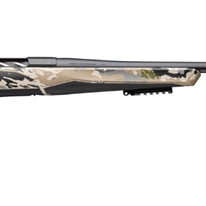 Side view of a camouflaged hunting rifle.