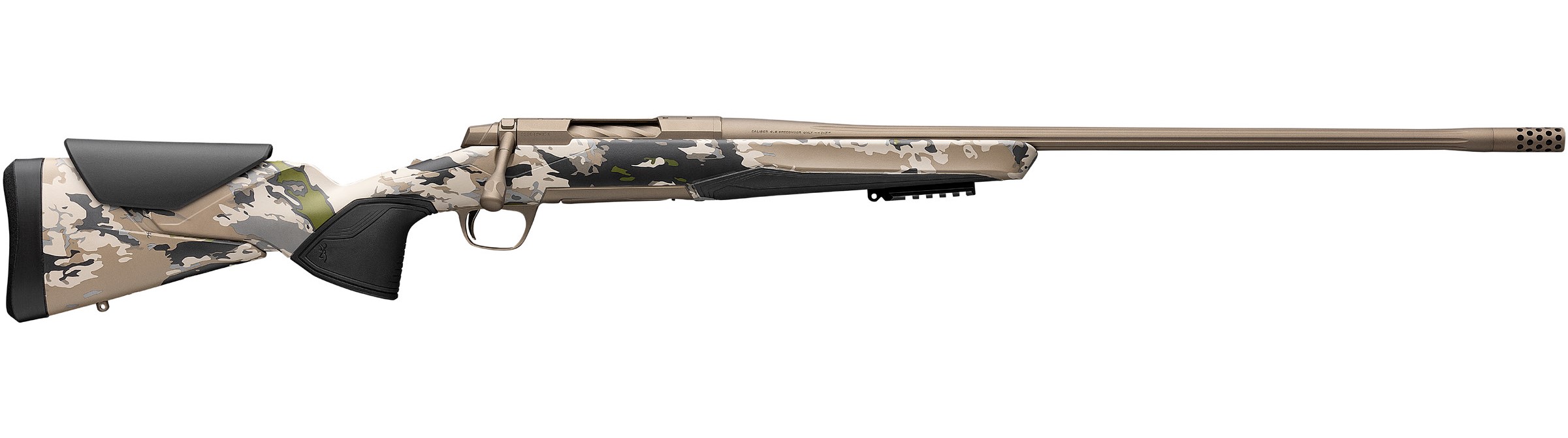 Side view of a camouflage hunting rifle.