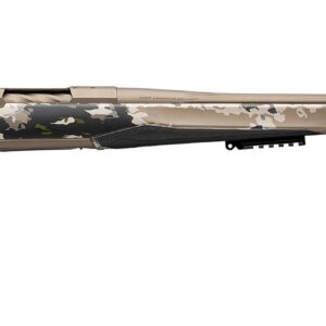 Side view of a camouflaged hunting rifle.