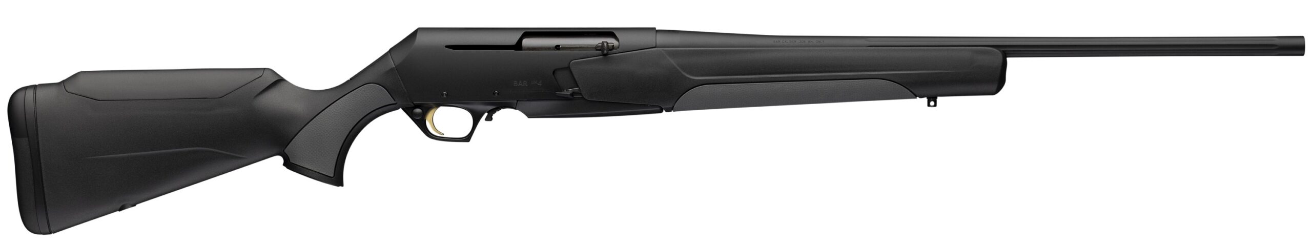 Side view of a modern black shotgun.