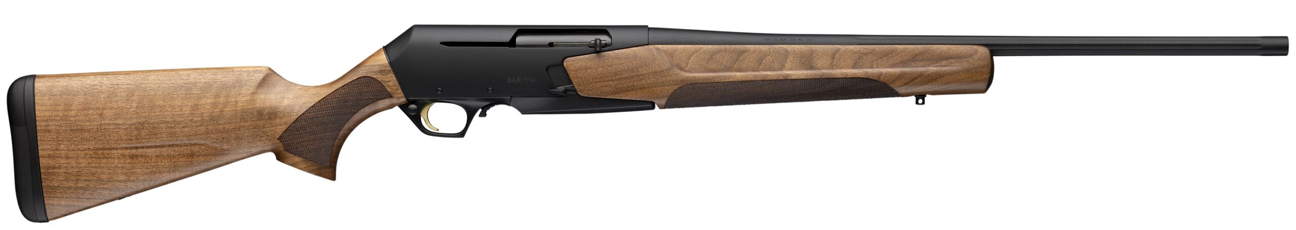 Side view of a sleek shotgun with wooden stock.