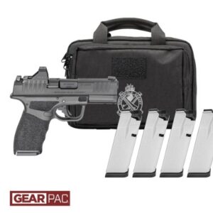 Handgun with case and several magazines.