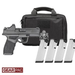 Handgun with four magazines and a carrying case.