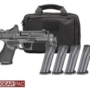 Handgun with four magazines and carrying case.