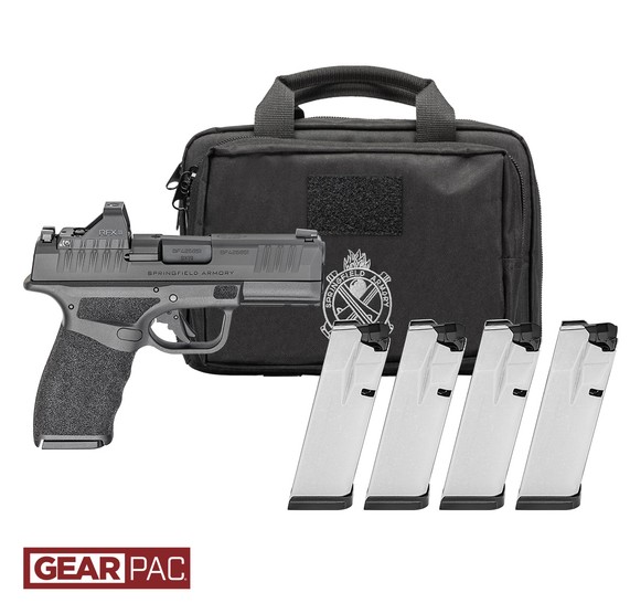 Handgun with case and multiple magazines.