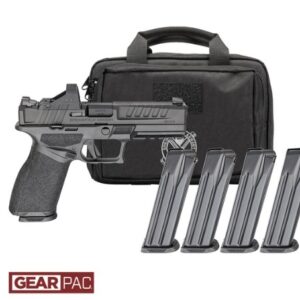 Handgun with four magazines and carrying case.