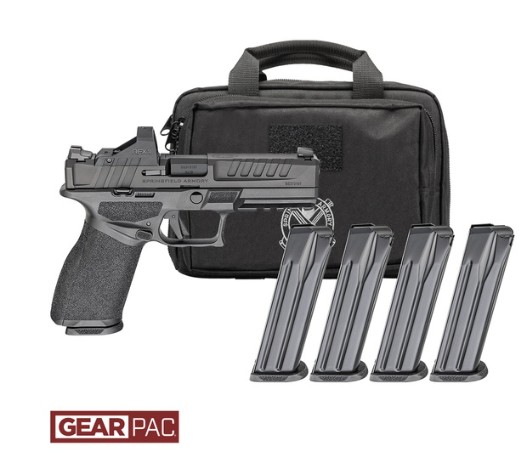 Handgun with four magazines and carrying case.
