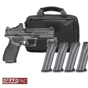 Handgun with four magazines and carrying case.