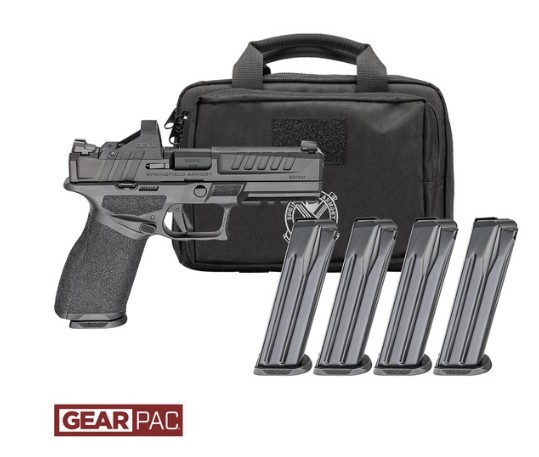Handgun with four magazines and carrying case.