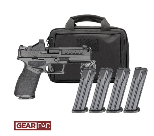 Handgun and four magazines in carrying case.