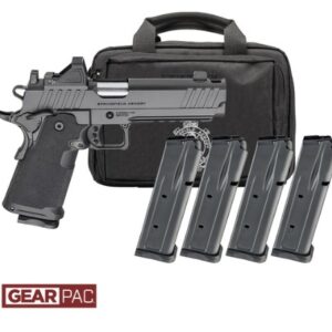 Black handgun with four magazines and carrying case.