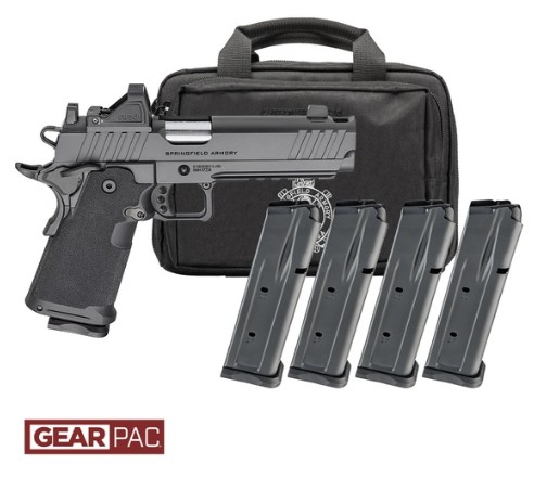 Black handgun with four magazines and carrying case.