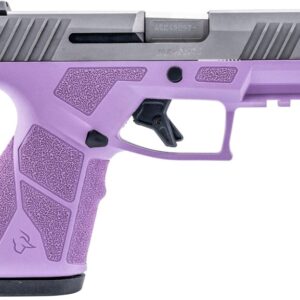 Purple semi-automatic handgun with textured grip.