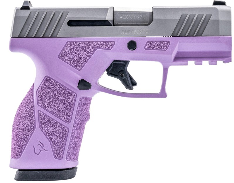 Purple semi-automatic handgun with textured grip.