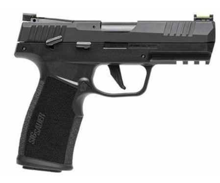 Black semi-automatic handgun on a white background.