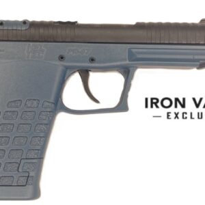 Gray semi-automatic pistol with textured grip.
