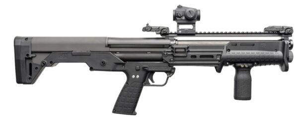 Side view of a black tactical shotgun.