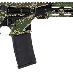 Camouflaged tactical rifle with adjustable stock.