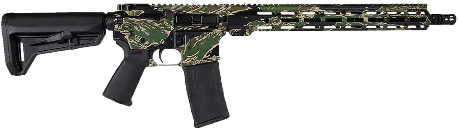 Camouflaged tactical rifle with adjustable stock.