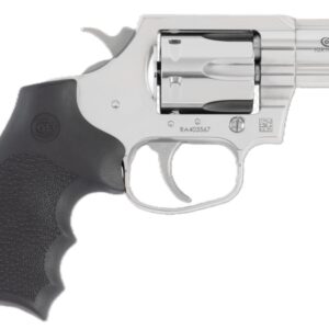 Silver revolver with black grip.