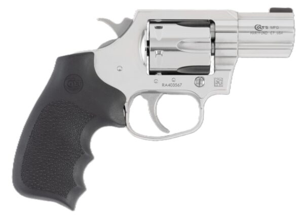 Silver revolver with black grip.