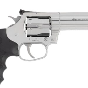 Silver revolver with black grip on white background.